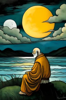 Ein alter deutscher Mönch sitzt auf einem Hügel unter einem transzendentalen Himmel, in dem Mond und Sonne zu sehen ist. Im Vordergrund glitzert das stille Meer. Im Stil von Pablo Picasso.