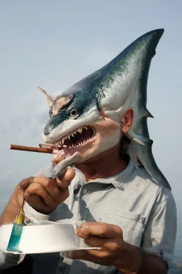 man with catfish shark head smoking a cigarrette in the style of mirayaki