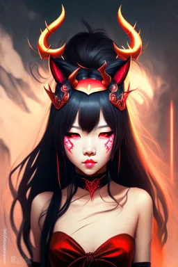 Beautiful devil asian girl with devil horns on her head, with brown eyes, detailed, looking at the camera, princess