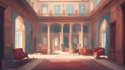 Vector. Minimal. color. 2D animated. Inside Old royal palace. 1800 AD. Digital painting, Old Istanbul. Yard and living room.
