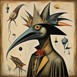 Surreal composition by Wilfredo Lam and Hieronymous Bosch and Otto Rapp, Bogomil cryptid taxidermy, maximalism, plague doctor beak mask matte oil painting, abstract Bauhaus collage art, absurd abominations, weirdcore