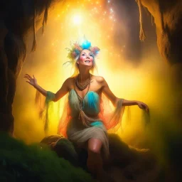 italian master painting, samantha fox hippie pixie hovering in the underground grove sparkling light confetti, in the style of dali, 8k, down-light, soft light, depth of field, photo realism, trending on art station, high detail, smoke and fog