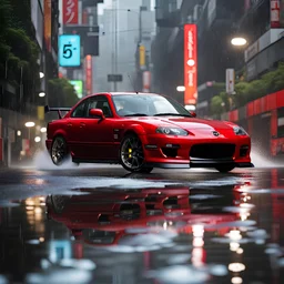 Mazda JDM car, 4k, hyper detailed, Ray tracing, heavy rain, puddles, tokyo