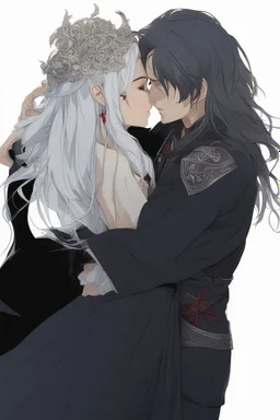 Couple from dnd kissing, woman with white hair wearing a dress, man with long black hair tunic and red cloak.