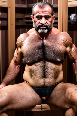 full body shot photography of two arabs angry beefy and strong carpenters unshaved embraced, ugly sitting in a steamy sauna, open legs, 48 years old, burly sweaty manly chest, angry eyes, lot of steam, photorealistic, hyper defined, 35mm lens, frontal view from the ground