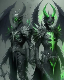 demonio de armadura negra y verde y alas de ángel negras fumando