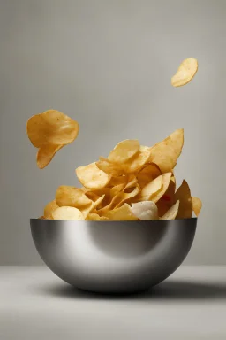 Salad mixing bowl dispensing potato chips into the air