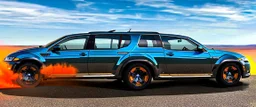 A national geographic award winning photograph of a military fighter jet station wagon wasp hybrid designed by volkswagen only one vehicle per image painted metallic orange traveling at a high rate of speed, jet intake off of front center of vehicle and jet exhaust out the rear with bright blue flame