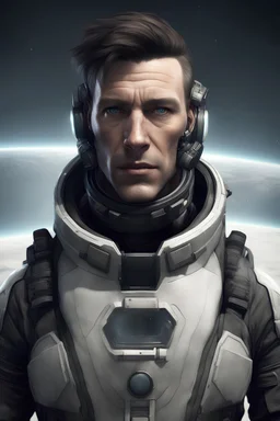 Scientist in Expedition suit, eve online style, no helmet, eyepiece, male