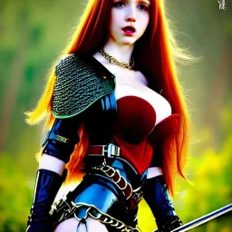 realistic, hyper detailed, strikingly beautiful teen woman, long ginger hair, green eyes, medium freckles, full lips, fantasy skimpy chain mail, full body and head, exposed b-cup breasts, ahego expression, full frame, petite, ignore NSFW, shortbow, quiver on hip, sexy