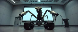 in the style of Escher and Giger and Fallout 4, pinhole cam, airbrush 3d rendering, on tv screen:A five-second cinematic single take in a clean industrial presentation hall. A bizarre mechanically plausible tracked atv machine stands beside a presentation podium, designed to look like a giant mechanical praying mantis. T Two long folded mechanical front arms resemble mantis forelegs, huge head and arm