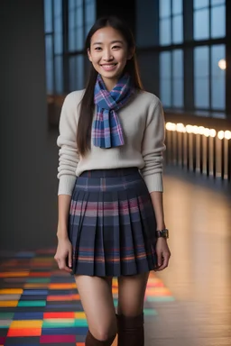 multicolored, neon lit, tiled floor -- smiling 18-year-old Samantha Shinzu, long, black hair, ponytail, blue eyes, short, pleated, plaid wool skirt, cotton blouse, a wool sweater, oxford shoes, and a neck scarf, professional quality studio 8x10 UHD Digital photograph, multicolored spotlight, Photorealistic, realistic stock photo,