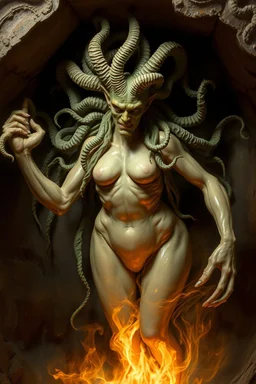 søt som fy Medusa, en god og snill og flink og veldig søt og hårete som en hippie , humanoid skapning fra universet, de regjerer ofte i underjordiske byer . ser på seg selv som overlegne , abyss city, motion blur, painted by Rembrandt