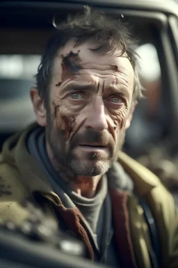 portrait of wounded man stuck in small smashed up and deformed car after a crash, walking around like a transformer,shot on Hasselblad h6d-400c, zeiss prime lens, bokeh like f/0.8, tilt-shift lens 8k, high detail, smooth render, down-light, unreal engine, prize winning