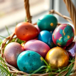 digital photograph of off-center modern basket colorful Easter eggs. eggs display intricate textures in azure, emerald, blush, crimson, sapphire, and gilded metallic hues. cinematic HDR backlighting highlights subtle dimples and glossy reflections, with shallow depth of field softening the sunlit background. hyperrealistic 8k resolution,