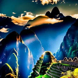 Machu Picchu, Peru,aerial view,cloudy,extremely detailed digital painting, high resolution,8k, realistic, beautiful, volumetric lighting, mystical colors ,perfectly centered image, perfect composition, rim light, beautiful lighting,masterpiece, stunning scene, raytracing, anatomically correct, in the style Van Gogh and robert e howard and Ken Kelley and Ohrai Noriyoshi and Simon Bisley and tomzj1.