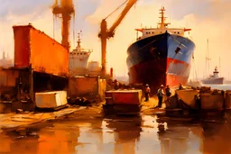 loose painting with thick paint and sraped canvas texture of a working harbor wharf, where freighters are offloading cargo ala richard schmid