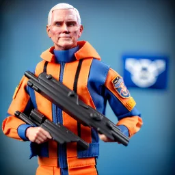 a large pile of plastic face Mike Pence G.I. Joe toy Doll spaceforce uniform, orange blue fabric, guns, wall packaging for sale, bright pricetag, finger, empty box