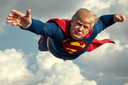 a thoroughly confused, frail, elderly and obese donald trump flying through the air dressed as superman
