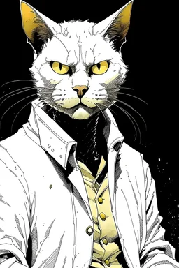 create anthropomorphic White Cat hero in hero suit, in the comic book art style of Mike Mignola, Bill Sienkiewicz, and Jean Giraud Moebius, with highly detailed fur and masculine facial features , finely inked , dramatic natural lighting