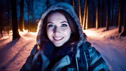 girl at night in the wood, selfie, dressed for trekking, winter, laughing, at night, very dark, infrared photography, without flash, grainy, ((motion blur)), blurry, walking