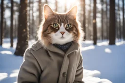 Cat in Wellensteyn coat, winter forest, pine trees, snowing, in sunshine