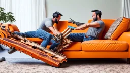 man chainsaws brand new couch in living room