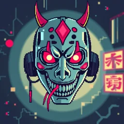 8 bit pixelart cyberpunk,Hannya-Maske, Comic style