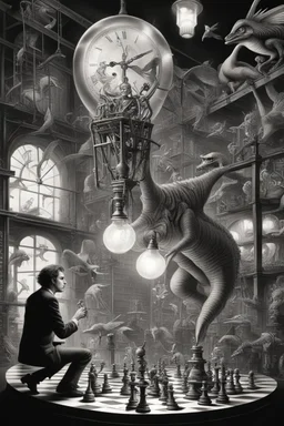 news paper journalist harlequin playing burning chess geese dinosaur reptiles in very bright light bulb factory on the docks with twisted ladders with the most a confused look on his face in front of a huge glass prism clock with angels, in the style of Escher and Giger