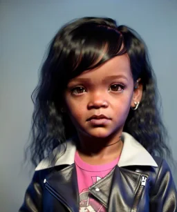 Rihanna toddler, full height, leather jacket, soft skin, dramatic lighting, hyper realistic