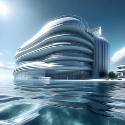 Hôtel sur l'eau dans l'océan, hyper réaliste, monde du futur, détail net, occlusion ambiante