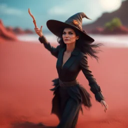 corey feldman as a flying bromstick female witch on a red sand beach ,bokeh like f/0.8, tilt-shift lens 8k, high detail, smooth render, down-light, unreal engine