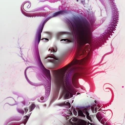  Asian woman, leaning pose, octopus, pink short hair, latex suit, style <Yoji Shinkawa>, Bones, watercolor illustration by <agnes cecile> squid, plants, wildflower, intricate detail , portrait, high lighting, Gradient background,