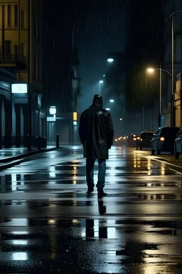 guy walking in a city at night alone while its raining