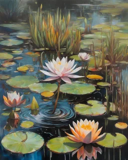 oil painting of many different types of steampunk flowers and waterlilies, growing in a little pond, with a heron standing in the water, with a splash of mixed colors on a white background, sharp detail