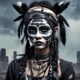 young Navajo goth female hacker, bold facepaint, post-apocalyptic background, headband, anime style