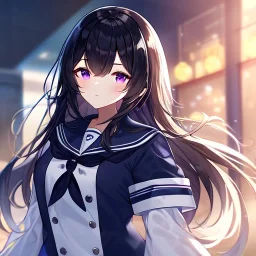 Clear focus, high resolution, black long fluffy hair, purple eyes, wearing a sailor uniform