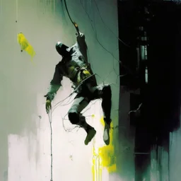 Minimal abstract oil paintings falling person limbs sinew. Wearing hazmat suit. concrete fragments architecture and hanging wires illuminated at night style of Justin Mortimer and Phil Hale and Ashley Wood