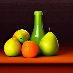 still life bottle half fruit