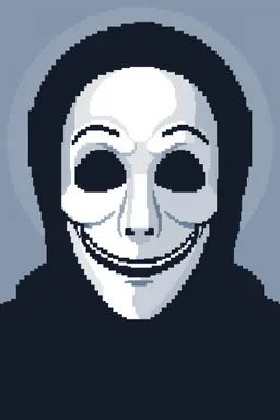 8 bit pixelart of a shadow figure with a white smooth wide smiling mask noseless opera mask, no nose holes, no nose