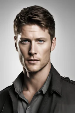 Actor Jensen Ackles Supernatural half body, slight smile on light background