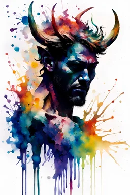 silhouette of a demon created from abstract multi-colored ink splatters, (((white background))), Carne Griffiths, Leonid Afremov, Watercolor, trending on artstation, sharp focus, studio photo, intricate details, highly detailed, by greg rutkowski
