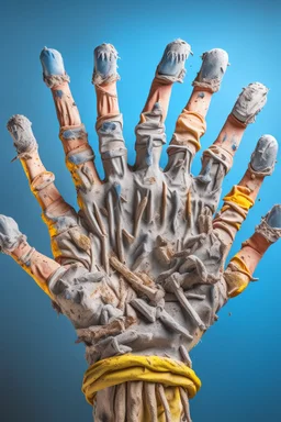 A super big hand surround a big army , the texture of the hand is gray Mady dirty and covers with white powder