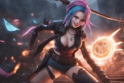 Jinx in 8k anime cgi artstyle, arcane them, crazy laugh, close picture, rain, apocalypse, intricate details, highly detailed, high details, detailed portrait, masterpiece,ultra detailed, ultra quality