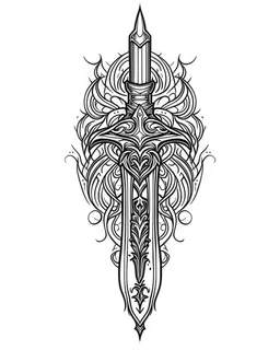 sword tattoo idea, line art, background, vector, svg, coloring book page style, black outline on white background, leave plenty of white space beetween lines for coloring, minimalist, tattoo style, tattoo idea