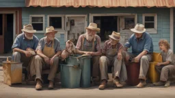 In a mesmerizing combination of brilliant and fading shades, photorealistic,an insanely detailed photographof a family gettogether of flimsy kentucky hill billy farmers in ragged overall and holed shoes, eating from a carbage bins outside a mcdonald restaurant 8k UHD