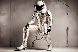 a man in a retro 1950s silver and cream cyberpunk spacesuit and shoes
