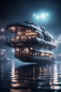 in space, a misty catamaran raft modular house boat that looks like a dark twisted alien space ship with spotlights, in advanced hi tech dock, bokeh like f/0.8, tilt-shift lens 8k, high detail, smooth render, down-light, unreal engine, prize winning