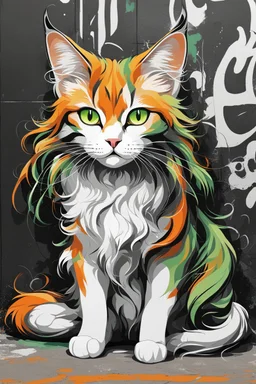 Graffiti illustration of a beautiful cat with long, wavy, thick hair, pointed ears, bright green eyes, orange, black and white colors, ultra quality, (((full body))), sitting on the floor