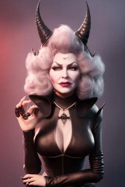 Mae West as evil queen in black leather, leather, busty, cleavage, angry, stern look. character design by cory loftis, fenghua zhong, ryohei hase, ismail inceoglu and ruan jia. unreal engine 5, artistic lighting, highly detailed, photorealistic, fantasy